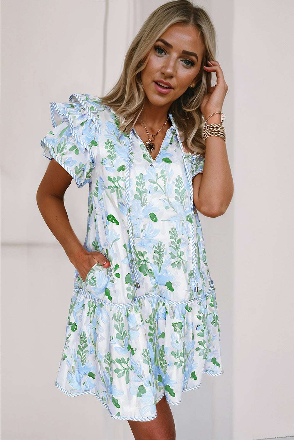 Sky Blue Floral Contrast Edge Ruffle Sleeve Tie Neck Mini Dress a7deaf00219f308f-_2