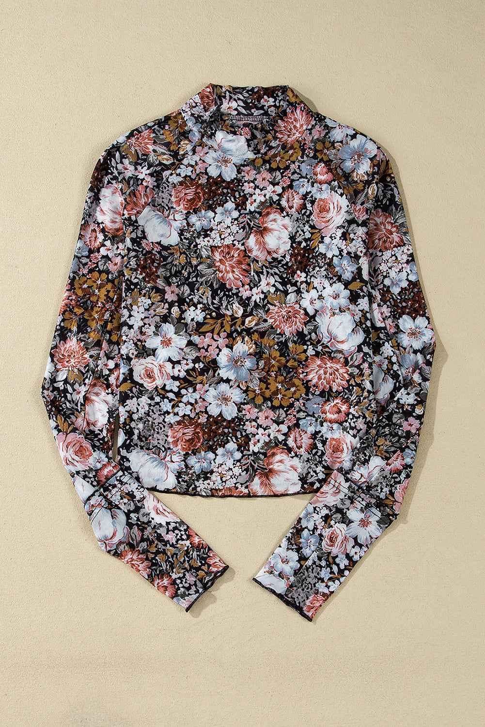 Brown Floral Print Mesh Mock Neck Slim Top a7ee435df77b4a2b