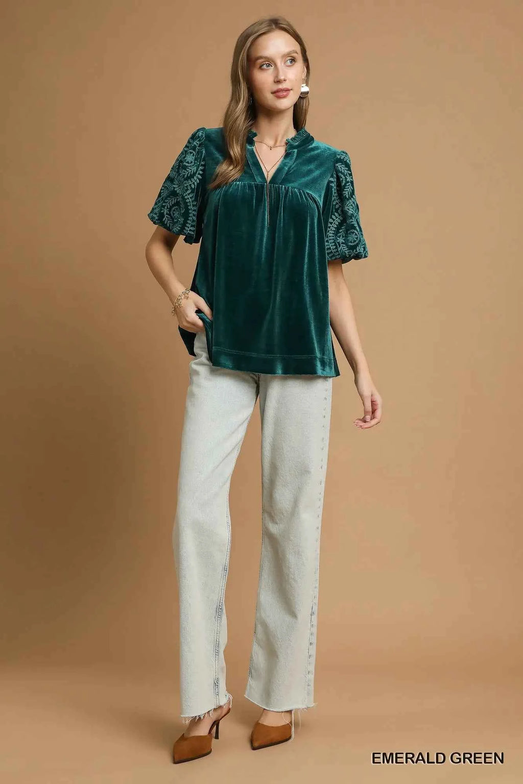 Umgee Velvet Embroidered Sleeve Blouse a7f381e1-e42c-4b20-b77a-9da3e8dc68d4-Max-Origin