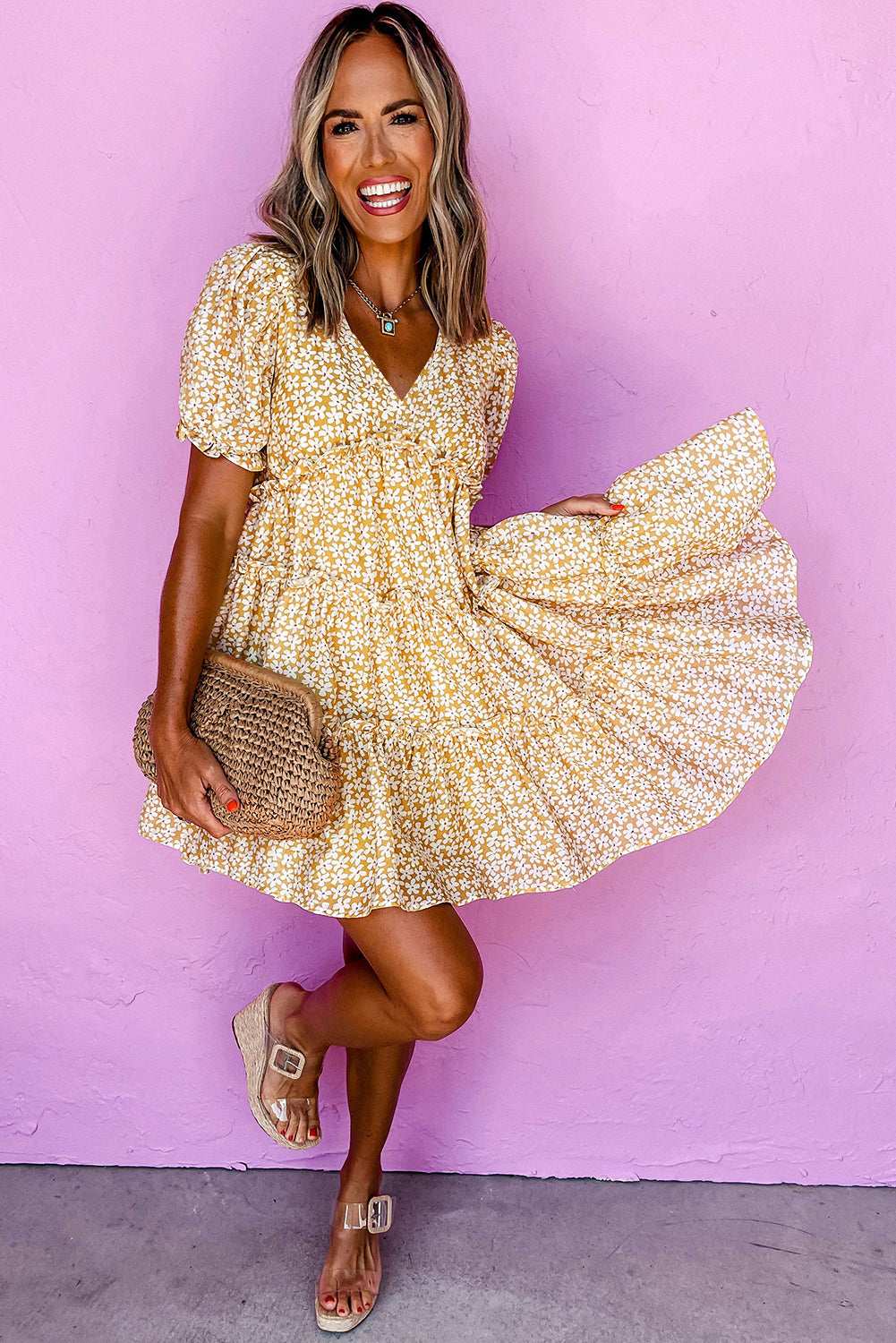 Yellow Floral Short Sleeve V Neck Frill Tiered Mini Dress a806b1824b662049-_6