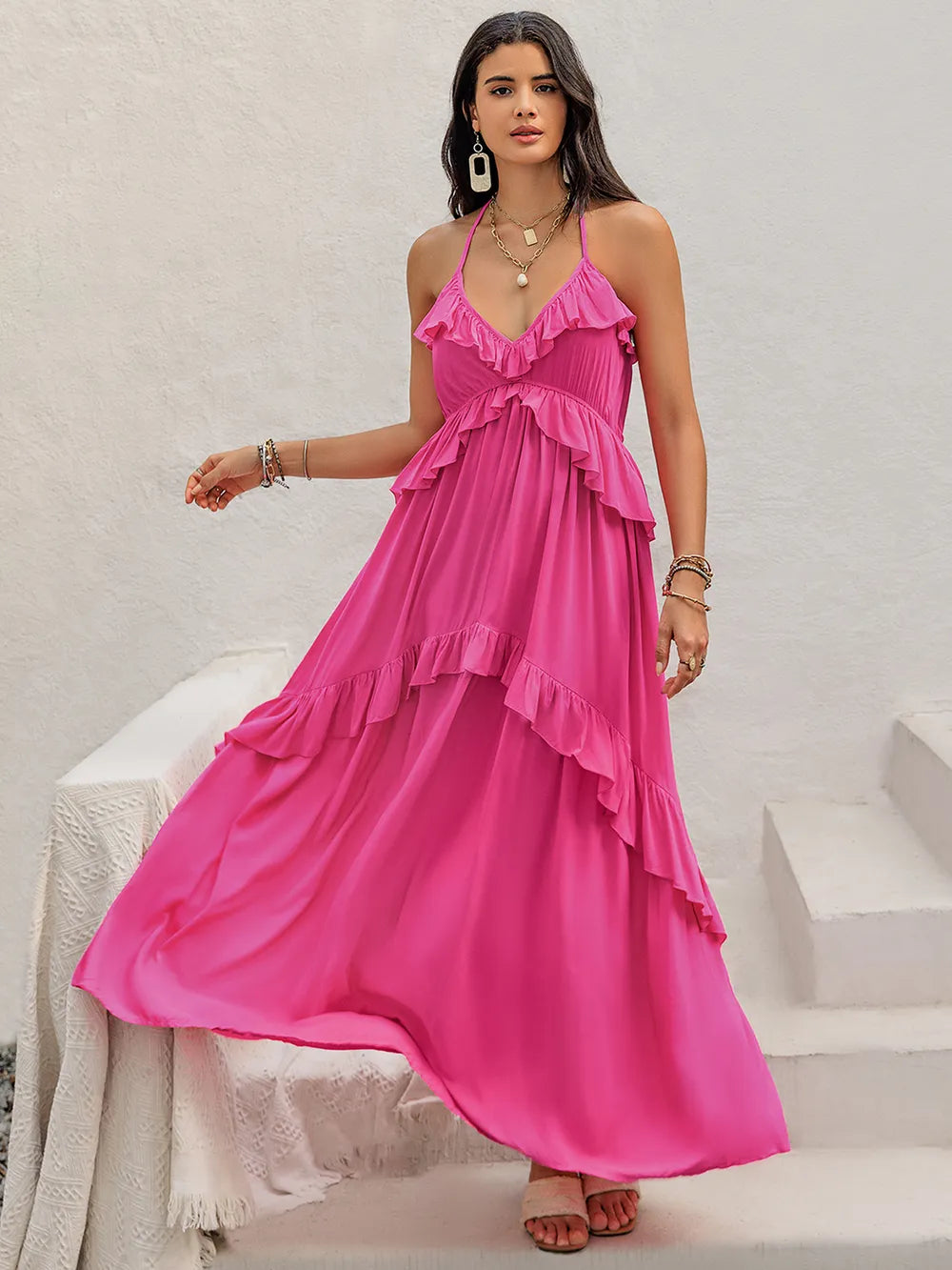 Ruffled Halter Neck Maxi Dress Hot Pink a8073b62-223e-49c5-9ad0-8d012214a0f8-Max