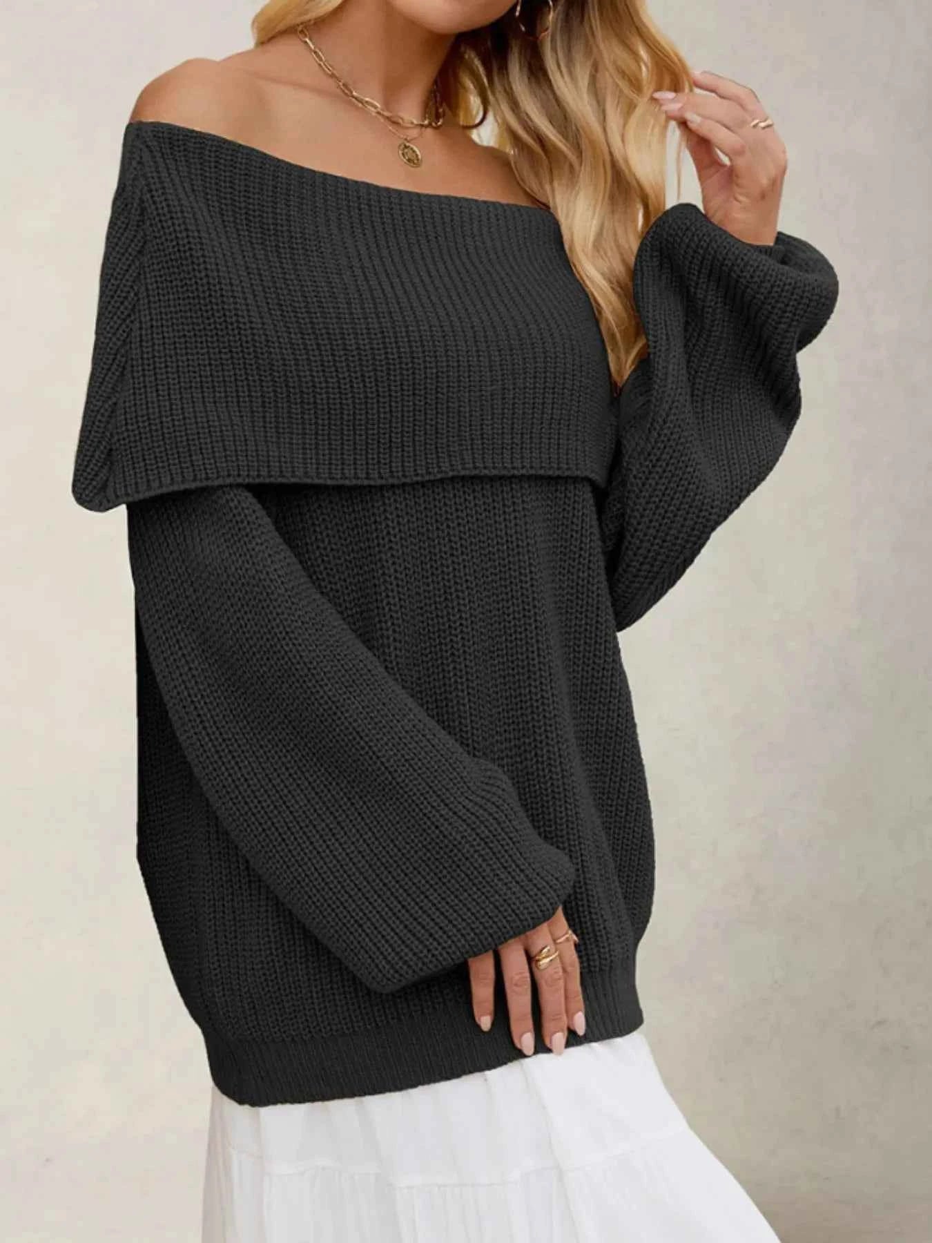 Fold-Over Collar Long Sleeve Sweater Black a80eaeb2-3ce4-4b9b-b3b9-2a4f9f7200e4-Max-Origin