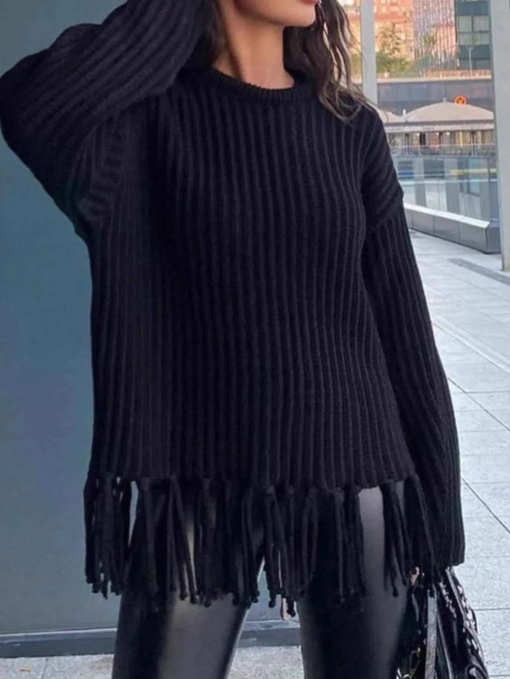 Fringe Round Neck Long Sleeve Sweater a81404dd-6c5c-467a-abac-1b3489f7075a-Max-Origin
