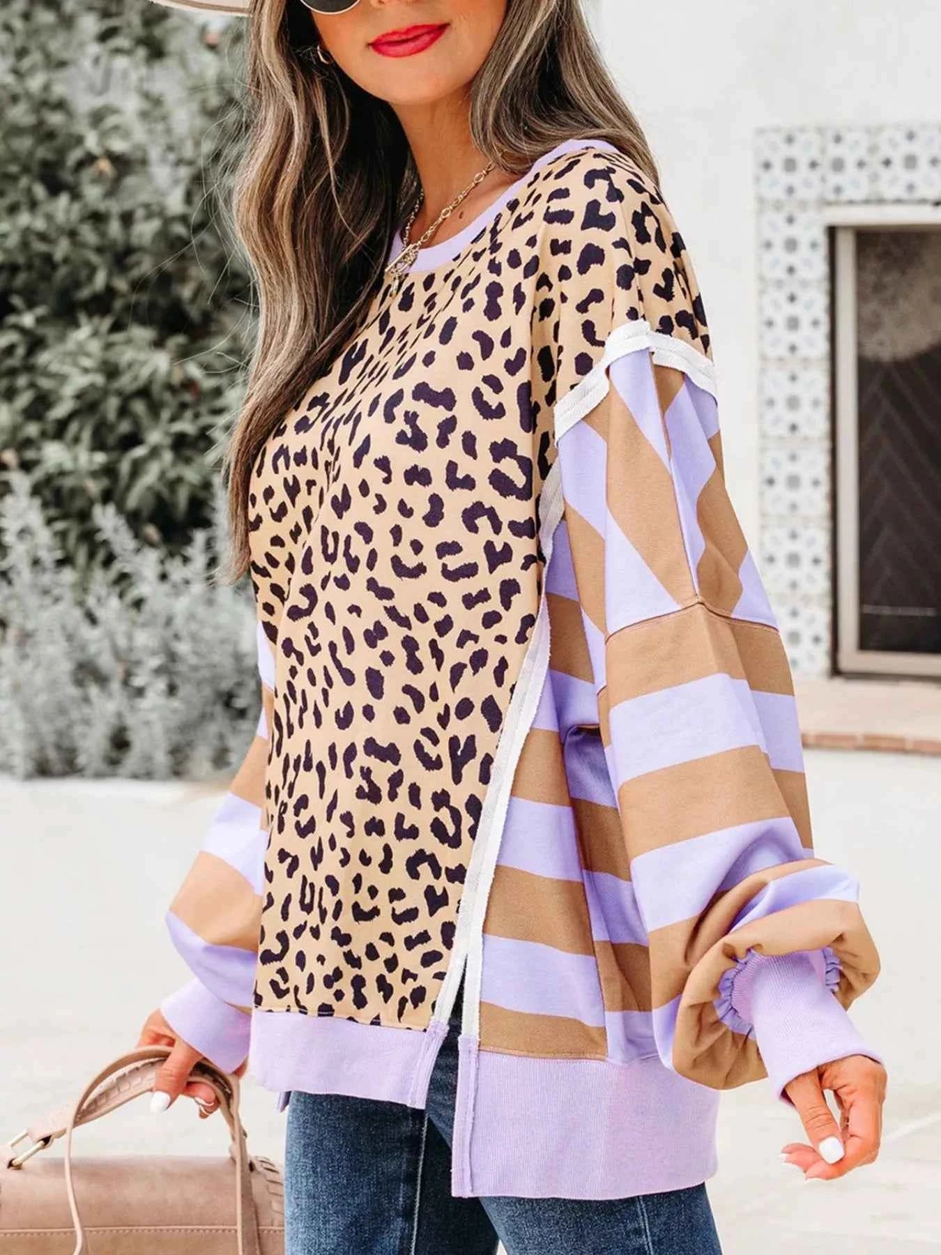 Stripe Color Block Patchwork Leopard Casual Sweatshirt with Slits a81c6d84-cba2-43b9-a5c5-ef8c9e707543-Max-Origin
