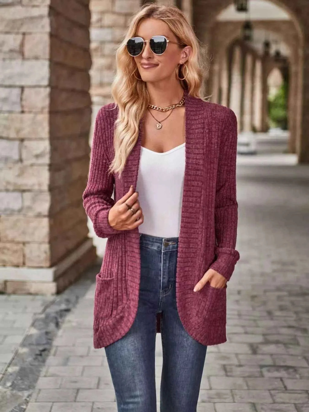 Open Front Ribbed Knit Cardigan a828ddaa947c47e69c9beeb31612a9c5-Max-Origin