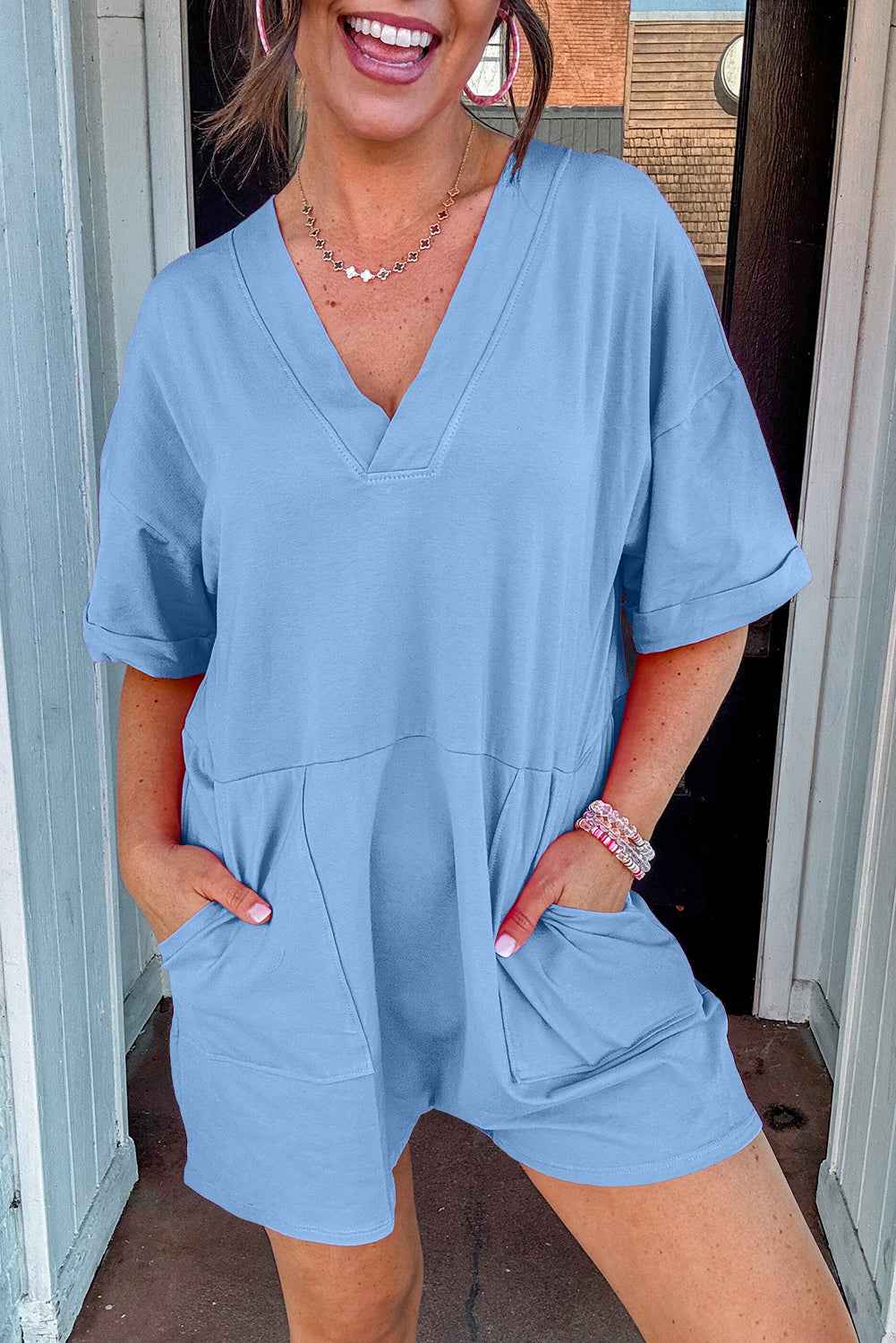 Bonbon Loose Half Sleeve V Neck Plain Romper Myosotis a8305bb248d4ac2b