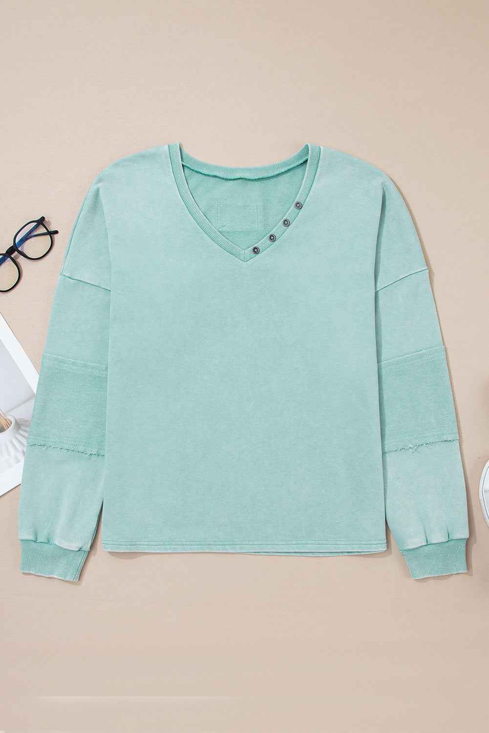Mist Blue Mineral Wash Exposed Seam Buttoned V Neck Pullover Top a85ee829bfc861cc