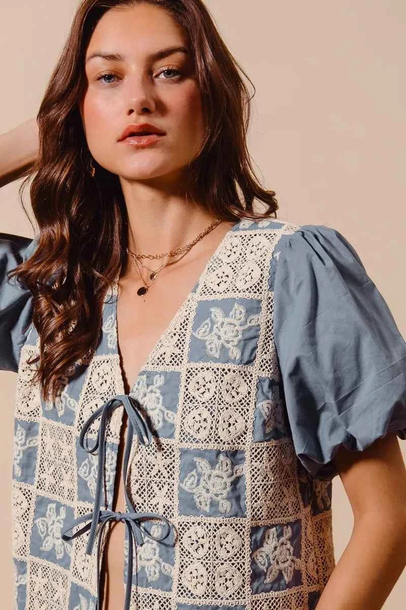 SO ME Crochet Lace Tie Front V Neck Blouse Top a860634db4db40048b567b3f4e1dcb54-Max-Origin