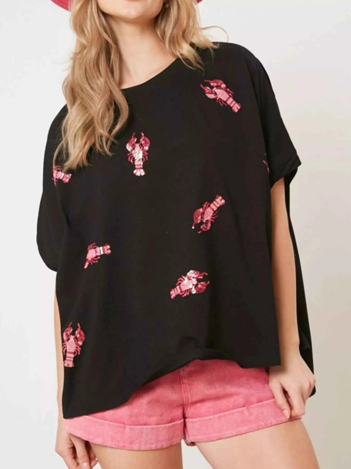 Sequin Lobster Round Neck T-Shirt a8637f5e-8dcd-4a20-b24a-187056097700-Max-Origin