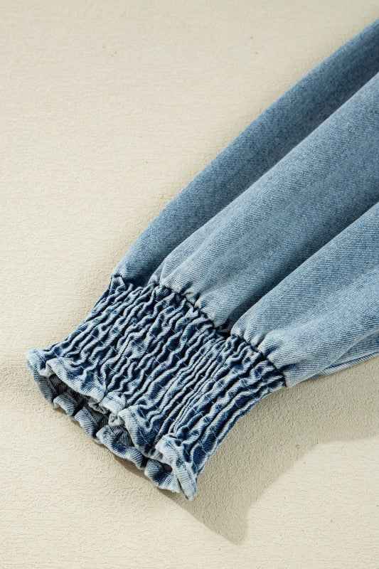 Denim Smocked Cuffs Shirt Mini Dress a8672269-cadd-4d80-a003-79a32feb25e8