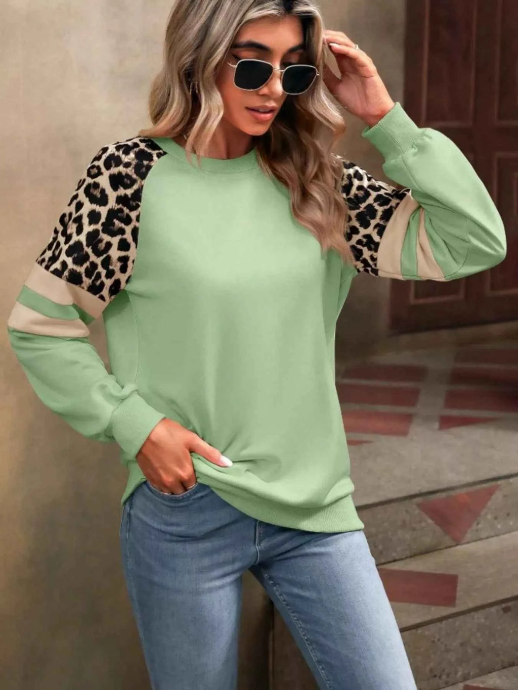 Leopard Round Neck Raglan Sleeve Sweatshirt a879ea67463e42fe8e7c2430219bd32a-Max-Origin