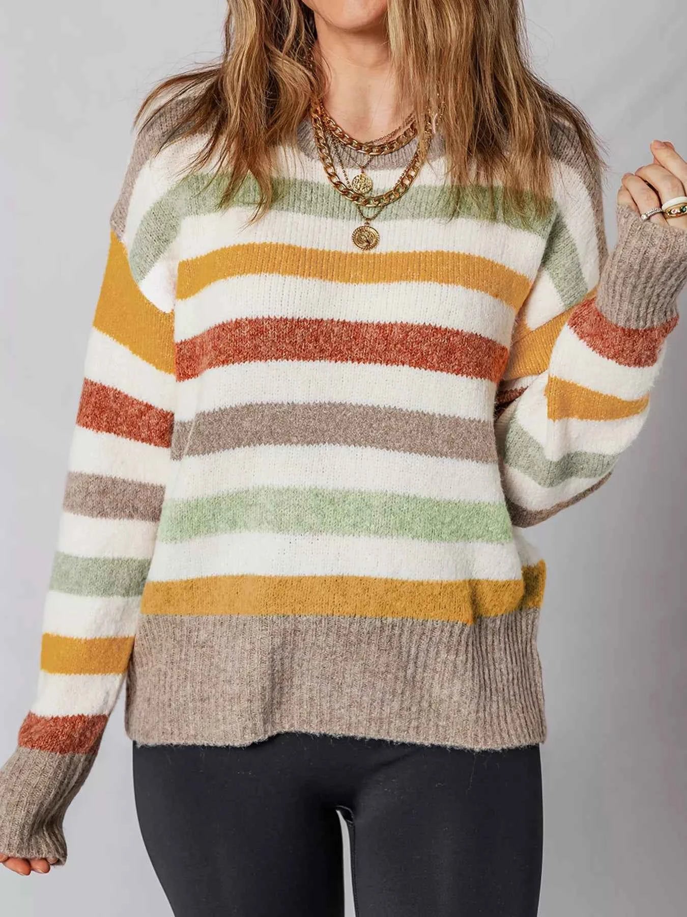 Multicolour Stripe Drop Shoulder Crew Neck Sweater a883e5463b2f4f6d9b3b286320f54e43-Max-Origin