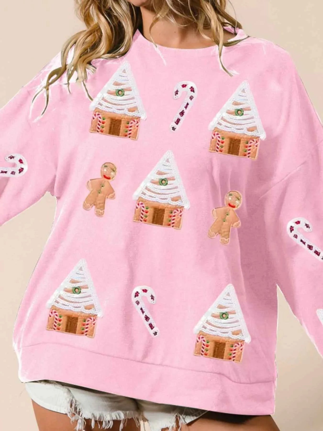 Christmas Gingerbread House Sequin Sweatshirt Pink a89505bc-dce5-4914-8e1b-f25b39e237da-Max-Origin