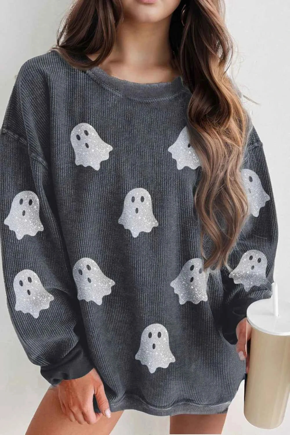 Glitter Ghost Round Neck Long Sleeve Sweatshirt Dark Gray a89ac295-43b5-4899-8faf-4ce7e6d67d07-Max