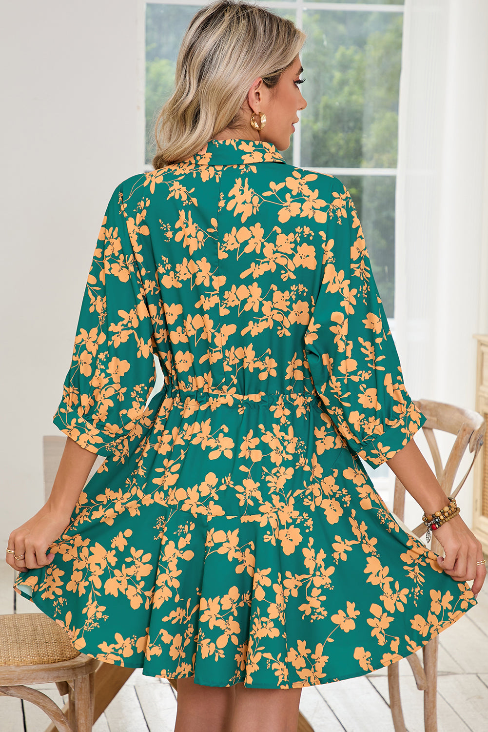 Green Floral Print Drawstring Flowy Short Dress a8b3eece8e634e1a