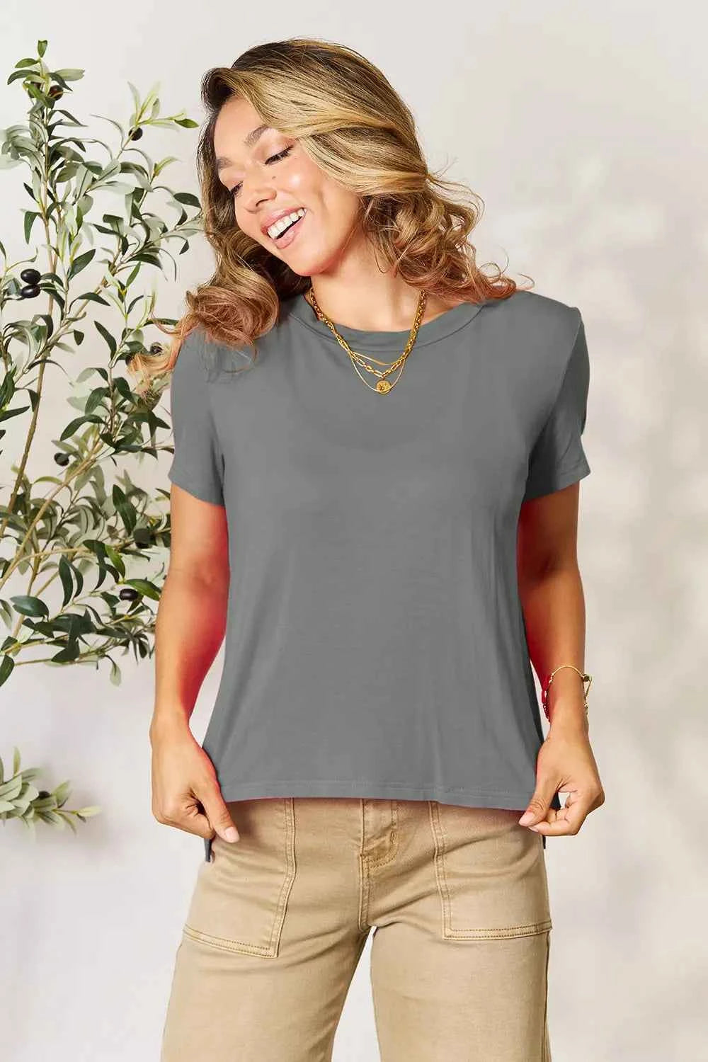 Basic Bae Full Size Round Neck Short Sleeve T-Shirt Gray a8b8aeeec4b740e2b5f94181f9dcf8aa-Max