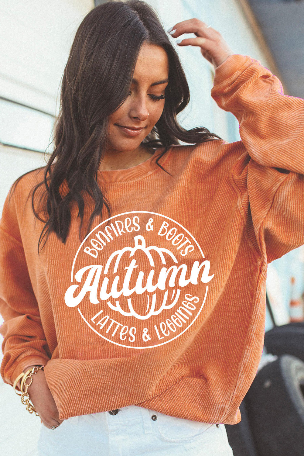 Orange Pumpkin Graphic Print Corded Oversized Sweatshirt a8c0a31392b804a1
