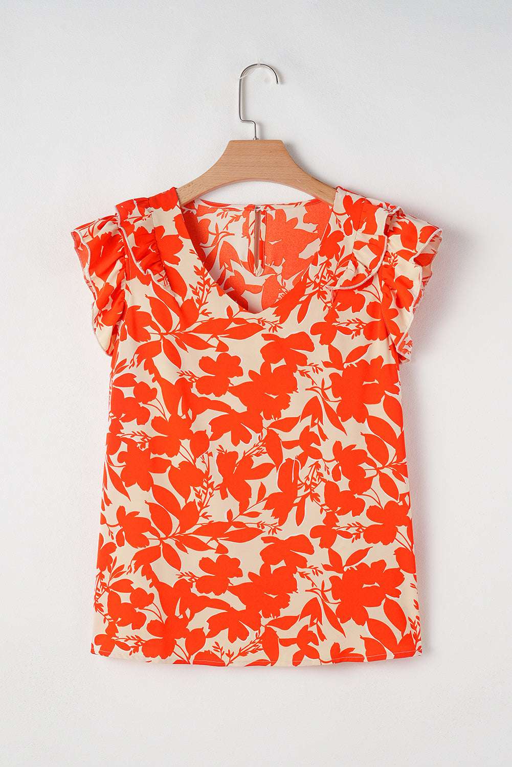 Orange Floral Print Ruffle Sleeve V Neck Top a8d255cbe3b638f4-_6