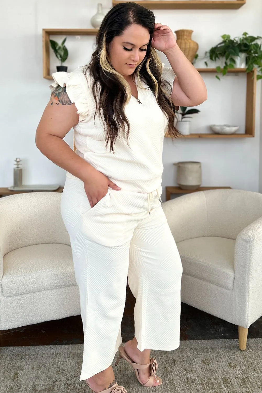 Double Take Texture Ruffle Short Sleeve Top and Drawstring Wide Leg Pants Set a8ea1158-ccc4-4261-9f45-ff26d365496b-Max