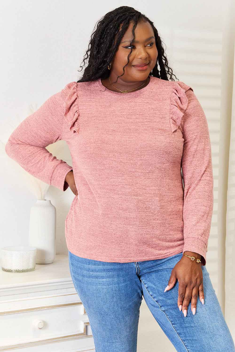 Double Take Ruffle Shoulder Long Sleeve T-Shirt Dusty Pink a90a3f50a66a4d389f791bc6e72ab0ee-Max