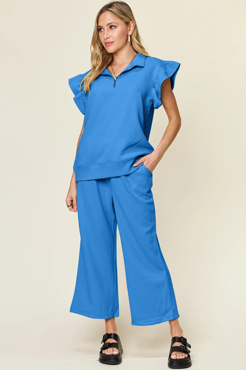 Double Take Texture Ruffle Short Sleeve Top and Drawstring Wide Leg Pants Set a922de52-e555-4336-bd0c-ee917fd76fe2-Max
