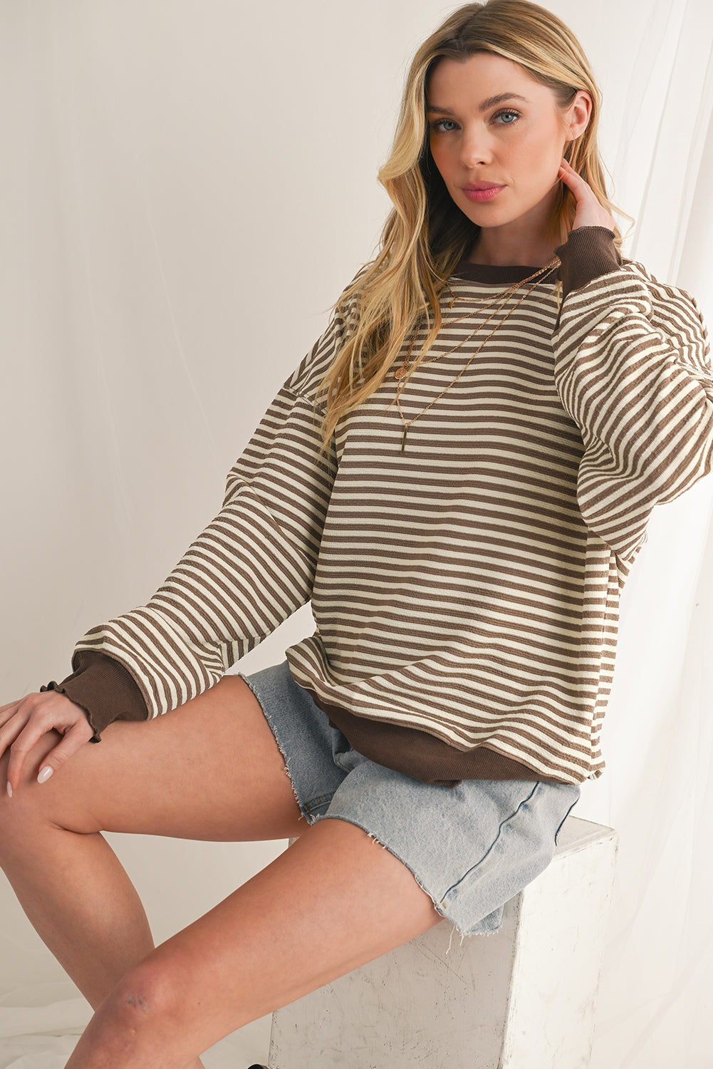 Brown Stripe Drop Shoulder Long Sleeve Top a9239c710519e9f0