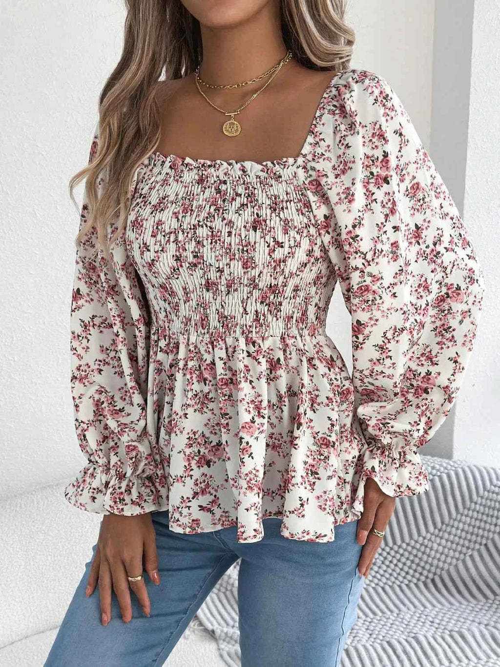 Floral Square Neck Flounce Sleeve Blouse a929372a-4861-443e-98c3-50106e403423-Max-Origin