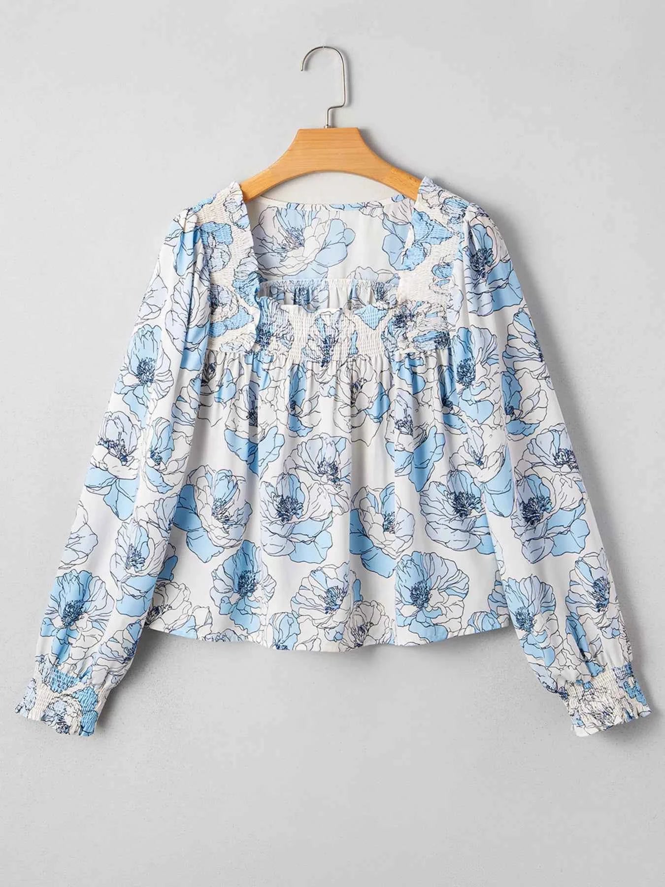 Floral Print Frilly Smocked Square Neck Long Sleeve Blouse a94539f388e64930a77b6d0afa940ace-Max-Origin