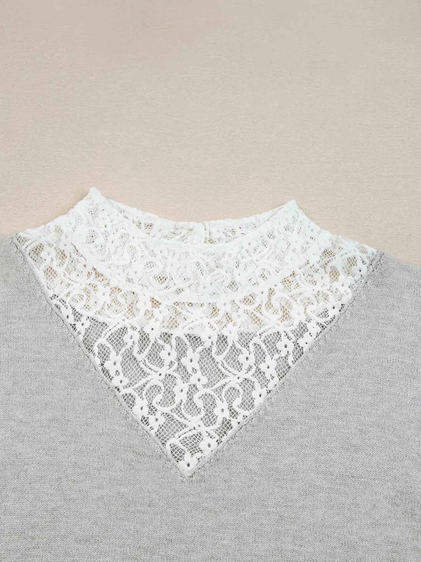 Button Keyhole Lace Patchwork Drop Shoulder Sweater a9534d6b7d414b8d8d263982e4b023ad-Max-Origin