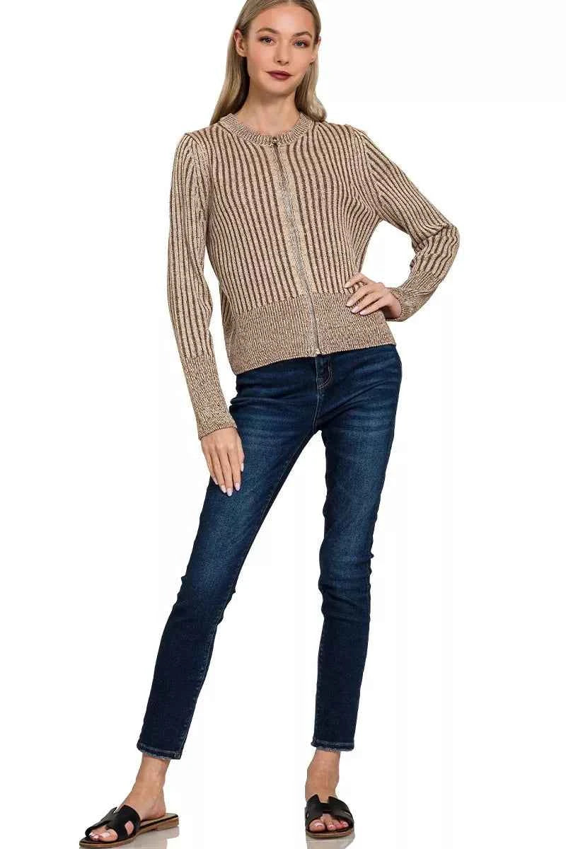 Zenana Ribbed Two Tone Zip Up Sweater Cardigan a967e2c582f6448989d57c11138f3d1e-Max-Origin