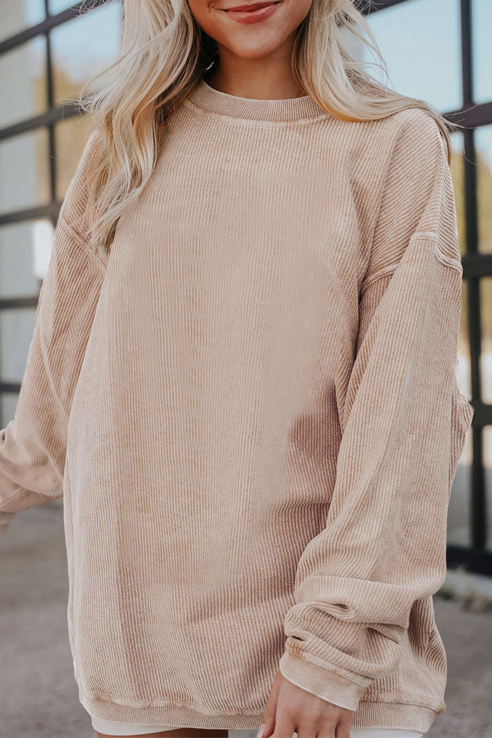 White Drop Shoulder Rib Knit Oversized Sweatshirt Apricot 100%Polyester a98f482f28c01054