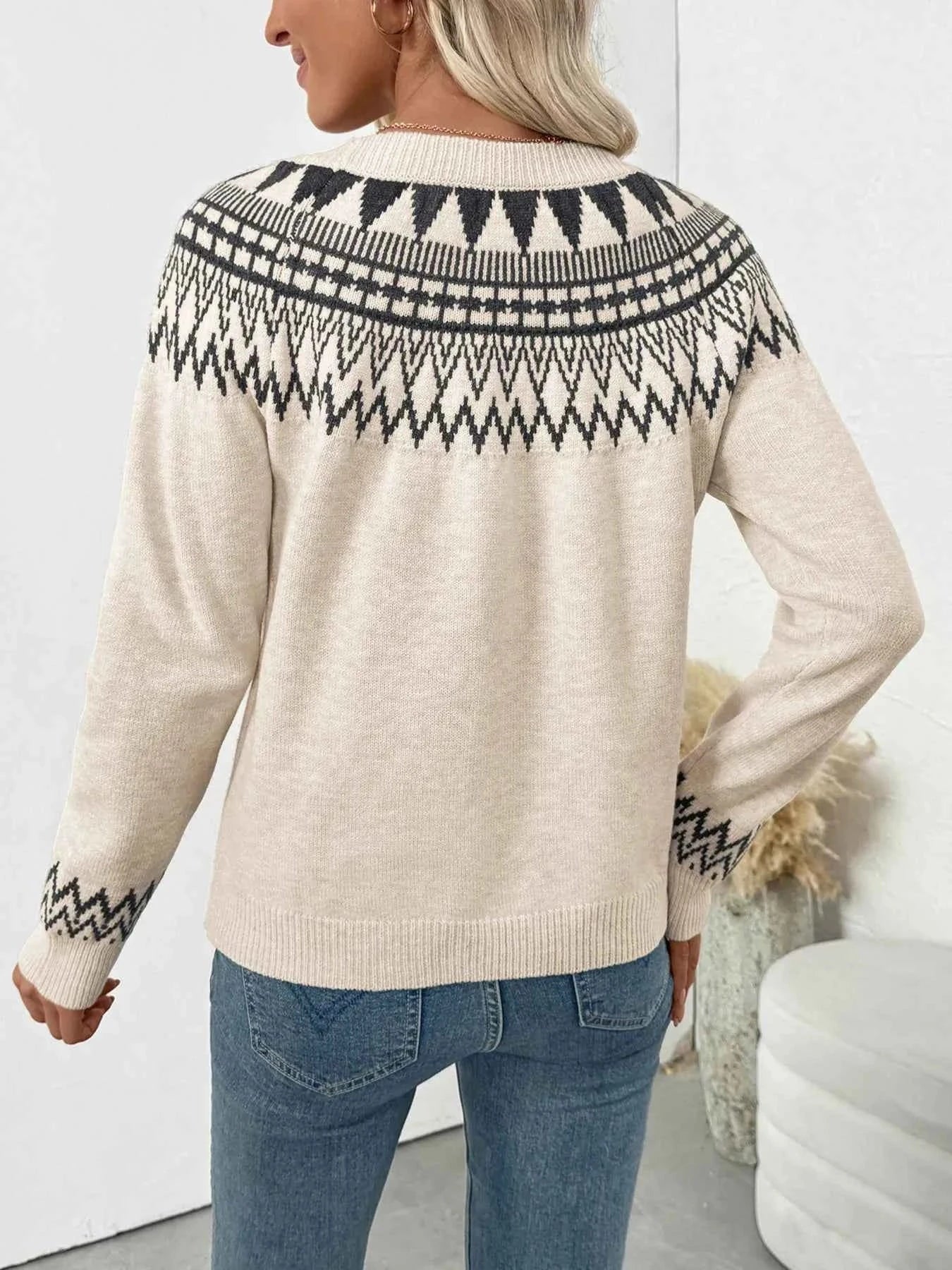 Nordic Fair Isle Pattern Round Neck Sweater a9aea1418af745408ee5d0e679fdb26e-Max-Origin