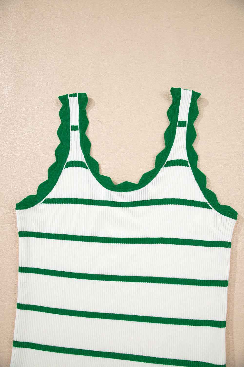Bright Green Scalloped Edge Striped Ribbed Tank Top a9c63b7630a1b21c