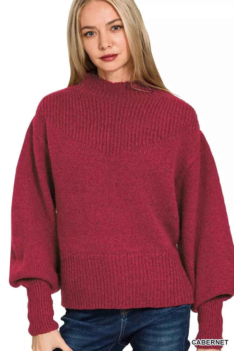Zenana Balloon Sleeve Mock Neck Sweater CABERNET a9cf9ed0db85433f9e5dd493407634aa-Max-Origin