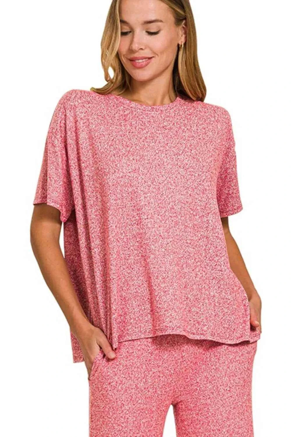 Zenana Soft Melange Short Sleeve Tee & Long Pants Set a9d49d06-cab5-4109-adf3-98f019163178-Max-Origin