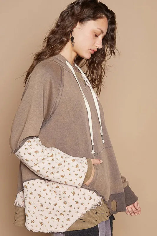 POL Floral Patchwork Distressed Drawstring Hoodie a9d4d8c2-489d-4cb1-8751-391827f316d1-Max