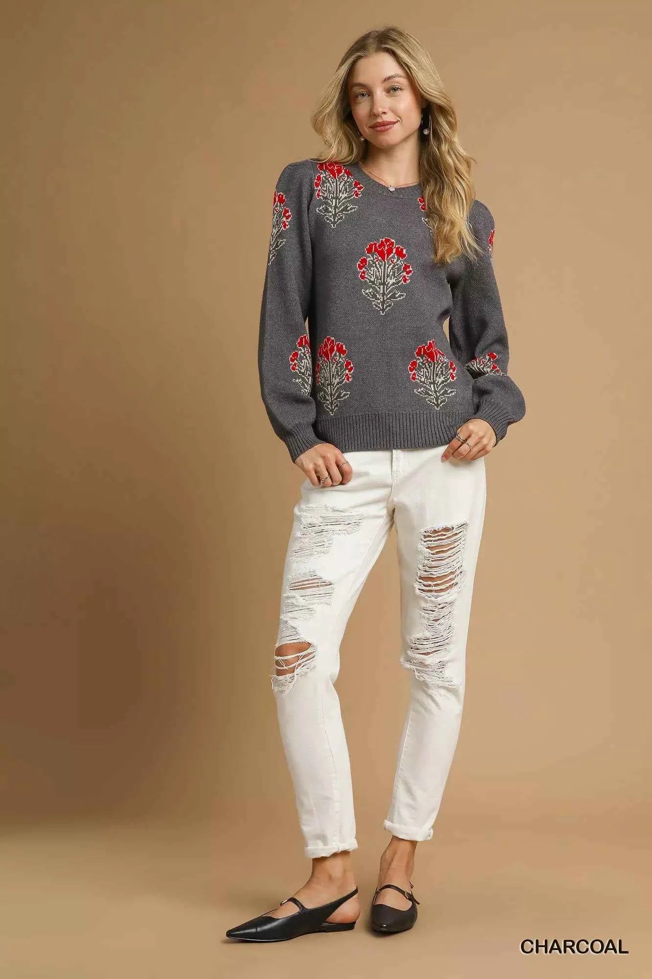 Umgee Single Flower Stem Jacquard Sweater a9e35309-8f69-4f96-87b0-423f5e02ccf3-Max-Origin