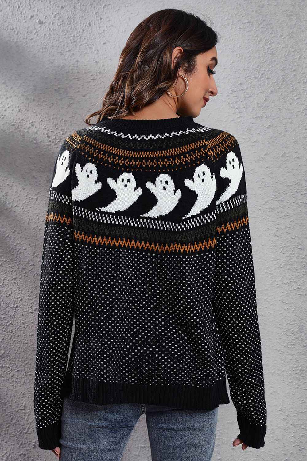 Ghost Pattern Round Neck Long Sleeve Sweater aa02e3d8953044d08a436bb032851cb7-Max