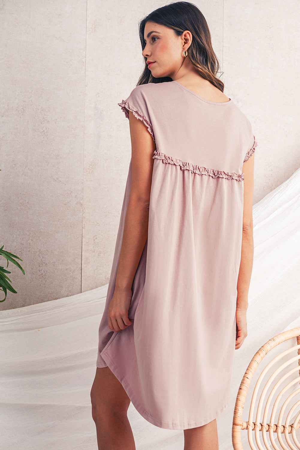 Mint Green Frilled Trim Crewneck Loose Fit Mini Dress aa048e0101100db1