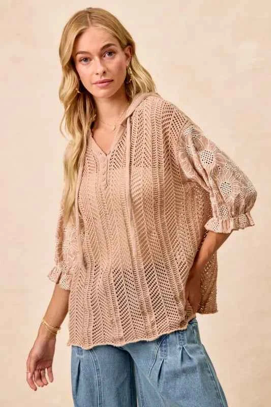 BiBi Jacquard Flower Puff Sleeve Hooded Knit Top aa0670da-cb99-4d3c-b08e-faf0acc3578b-Max-Origin