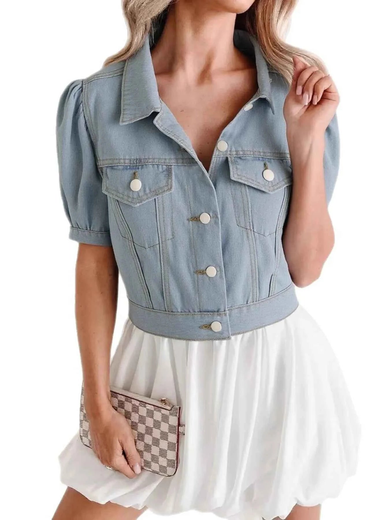 Button Up Puff Sleeve Cropped Denim Jacket aa17be31432641e1b25680734c727b5a-Max-Origin