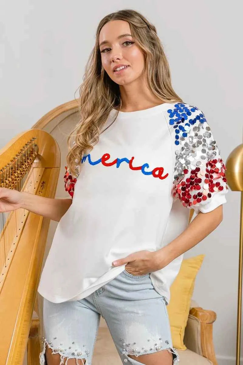 BiBi America Letter Applique Spangle Puff Sleeves Top aa19b5335b984d4182619c4a7a524731-Max-Origin