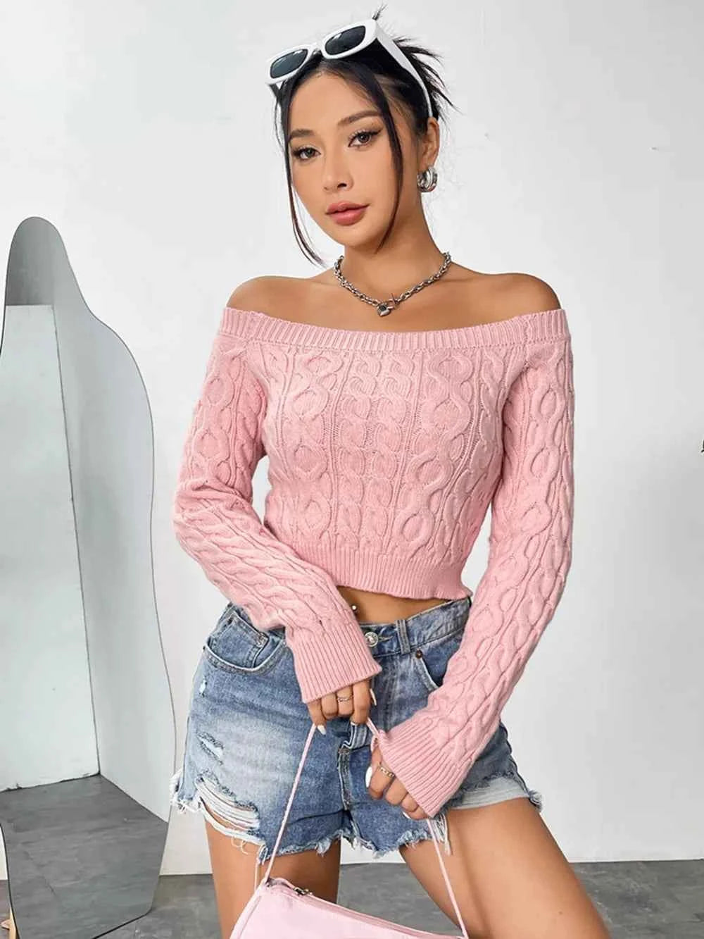 Cable-Knit Off-Shoulder Long Sleeve Knit Top aa2039c0-8249-46bd-aab4-000c1b44cbcf-Max