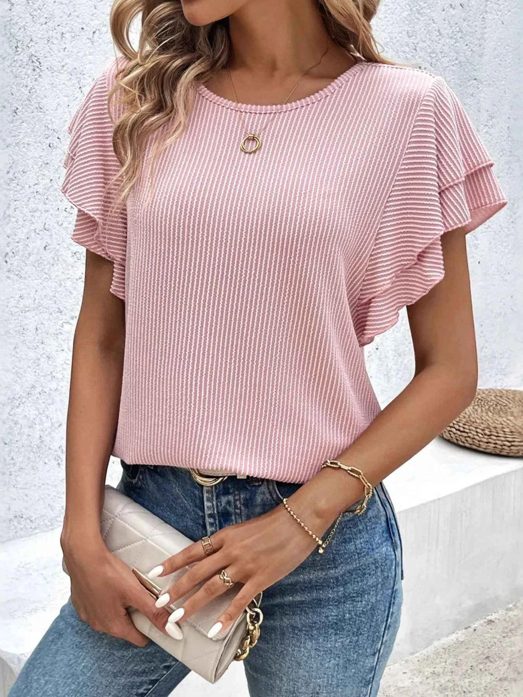 Ribbed Flutter Sleeve T-Shirt aa21c0da0a4045dfac4faf1c8a63bf60-Max-Origin