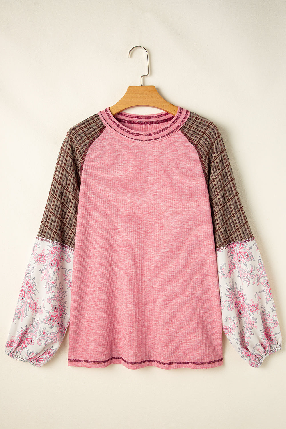 Jet Stream Floral Plaid Mixed Print Patchwork Raglan Ribbed Top aa4c2bb15639e96a