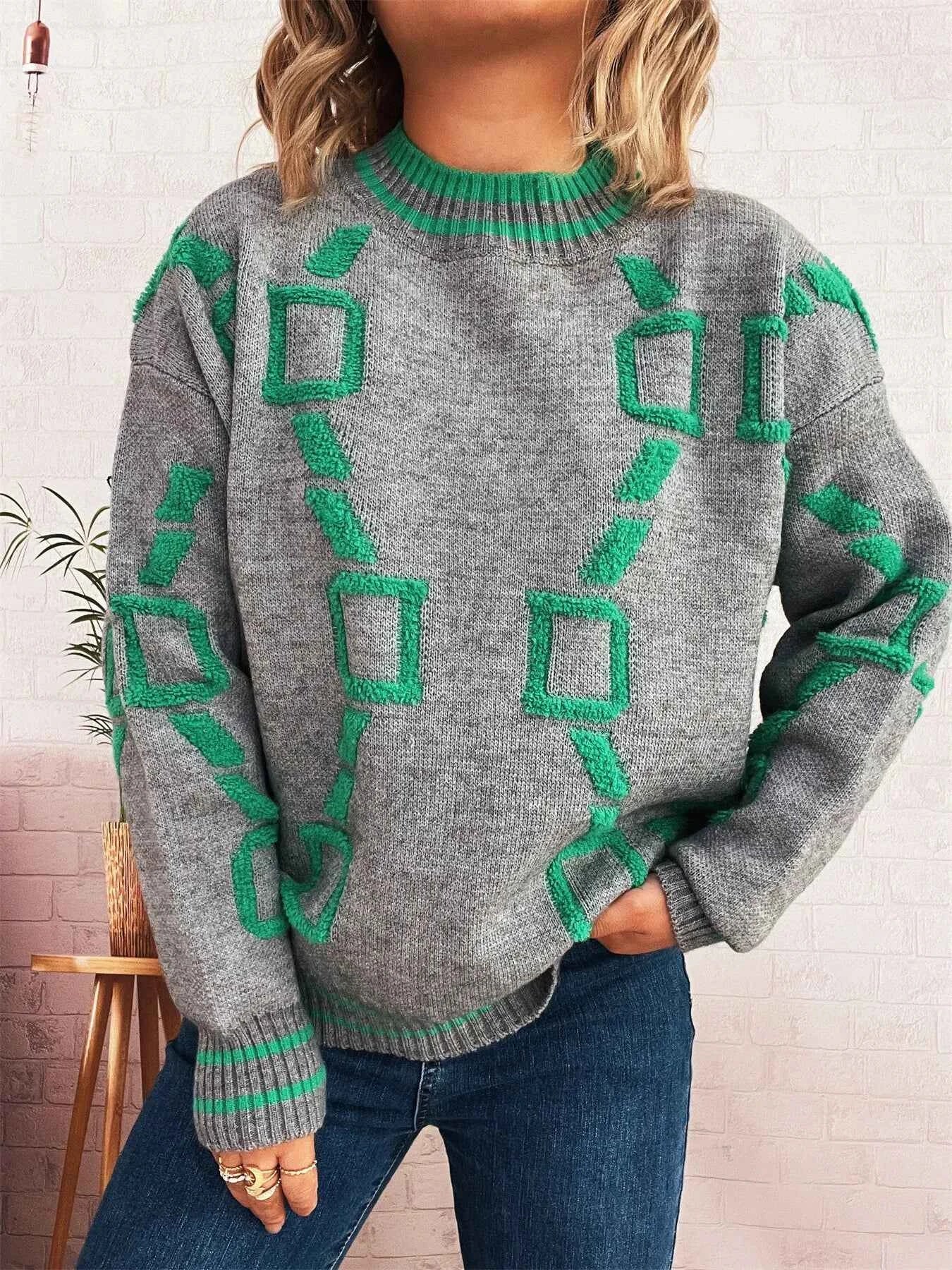 Contrast Round Neck Long Sleeve Sweater Green One Size aa5037c4835a409f95d80f880e3a78cc-Max-Origin