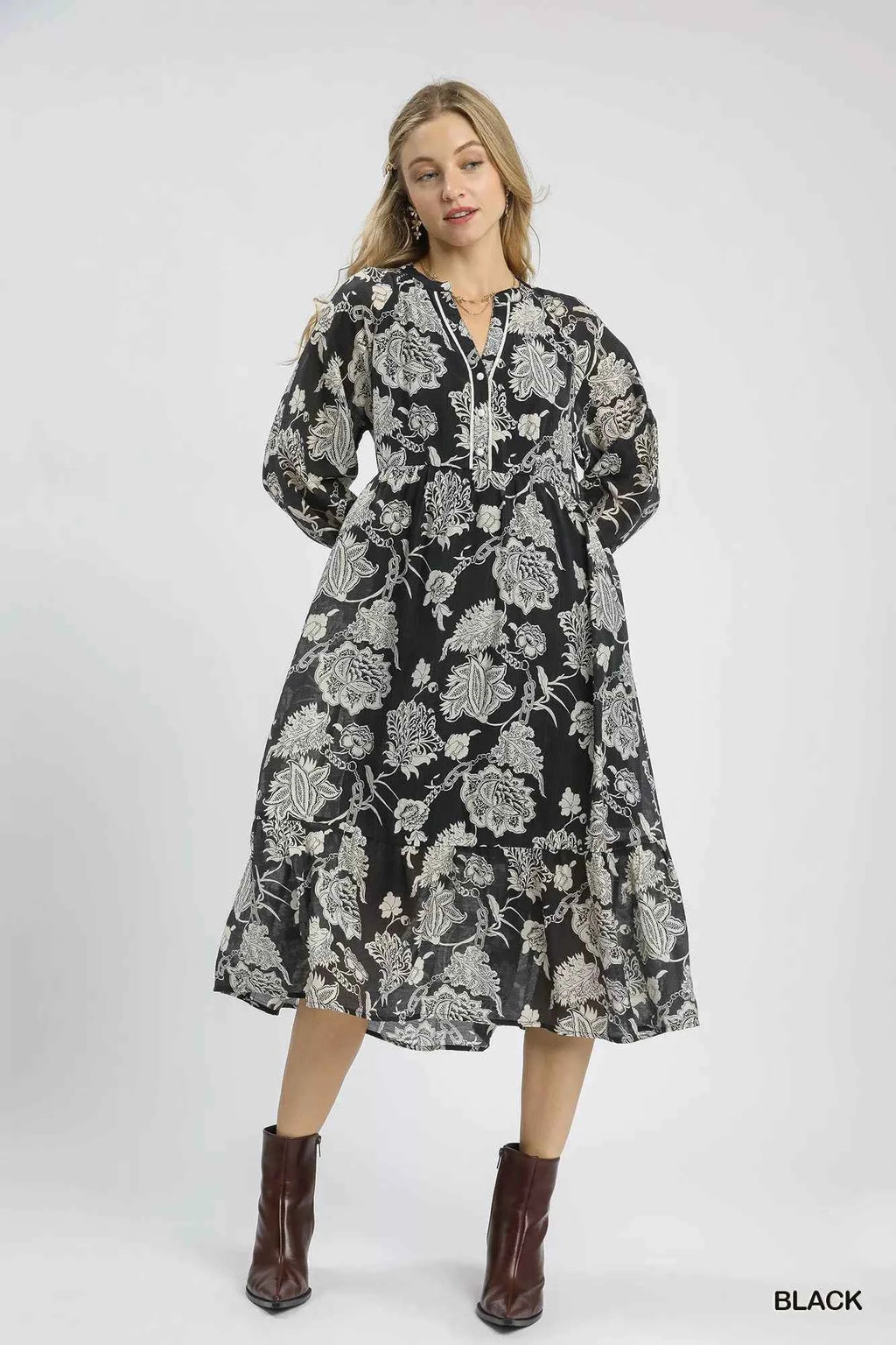 Umgee Floral Print Boho Midi Dress Black aa6209bd-f120-4d0b-a121-557679f78ab7-Max-Origin