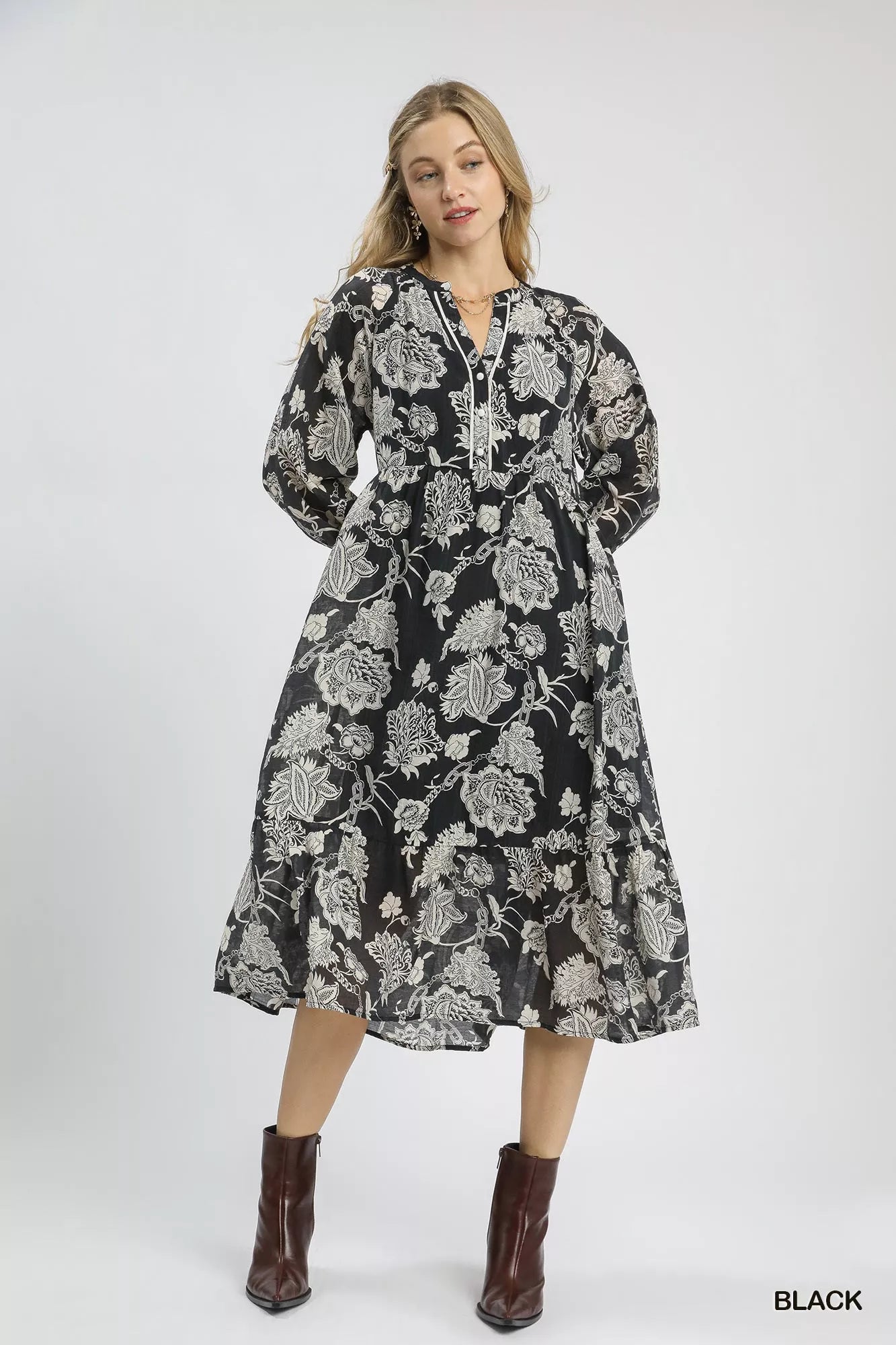 Umgee Floral Print Boho Midi Dress Black aa6209bd-f120-4d0b-a121-557679f78ab7-Max-Origin