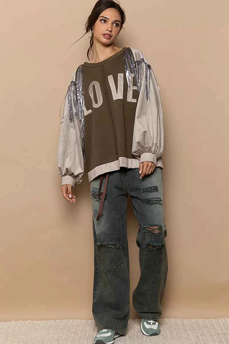 POL Balloon Sleeve French Terry Sweatshirt with Sequin Tassel aa673474-b7e5-4891-9f35-750f528fb8db-Max-Origin