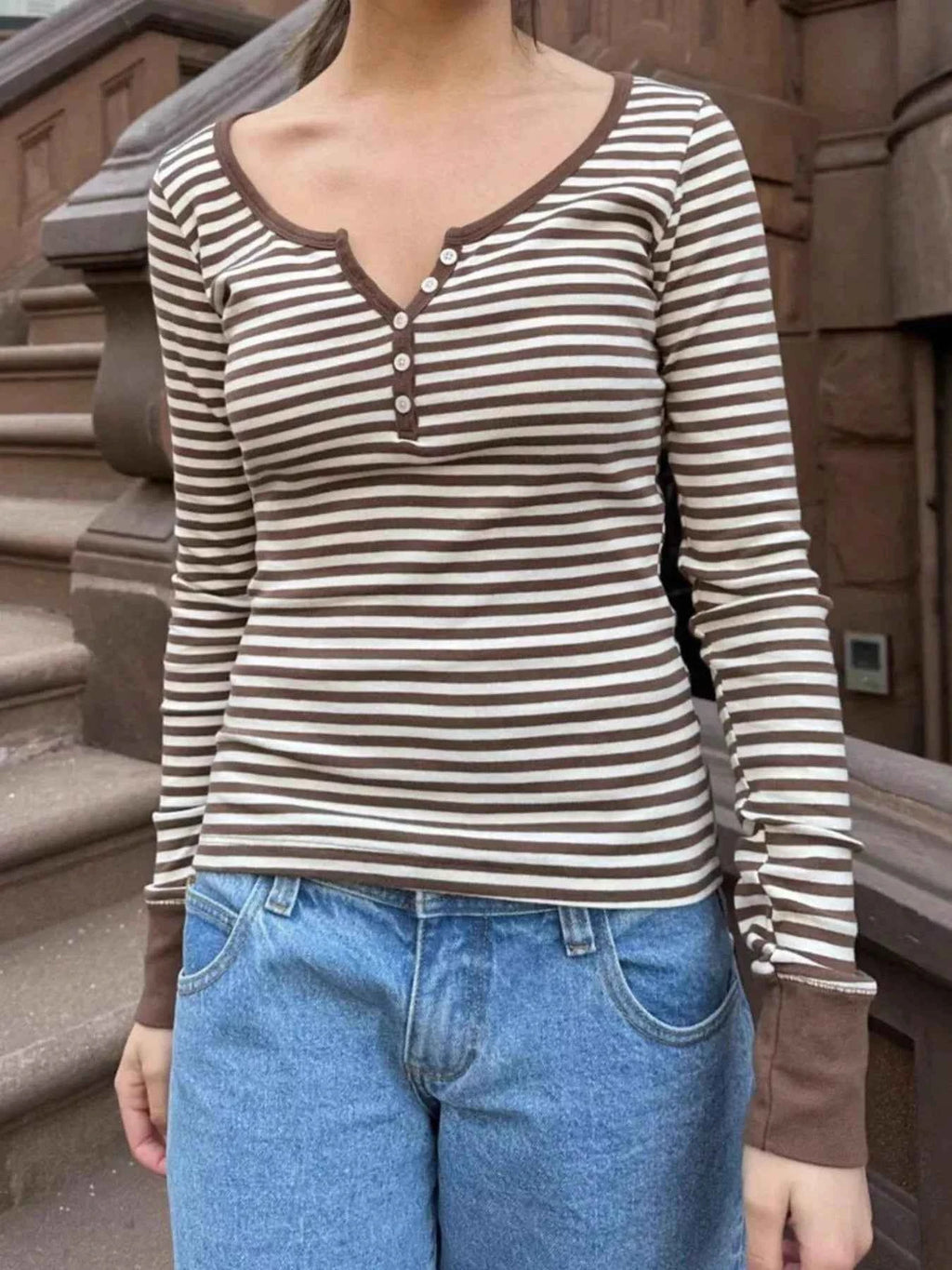 Striped Long Sleeve Henley T-Shirt Khaki aa6b7742-d3f8-487b-9021-d5621dafd426-Max-Origin